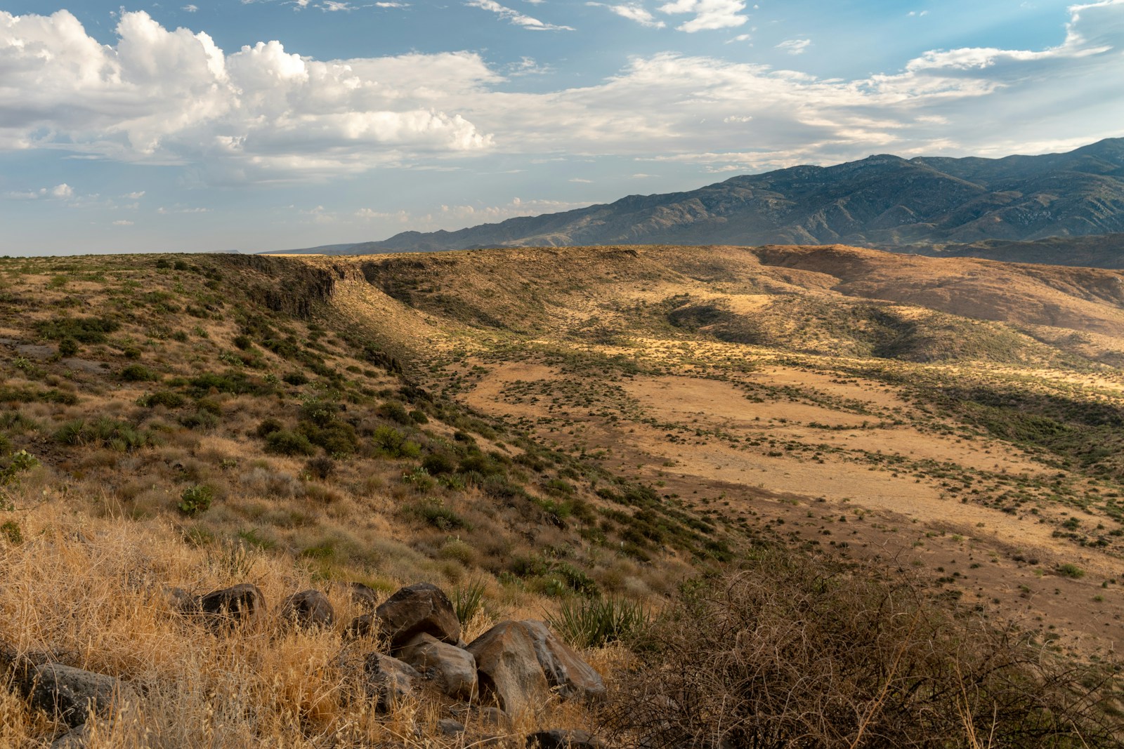Dry grass and juniper on high desert hills below a mountain ridge