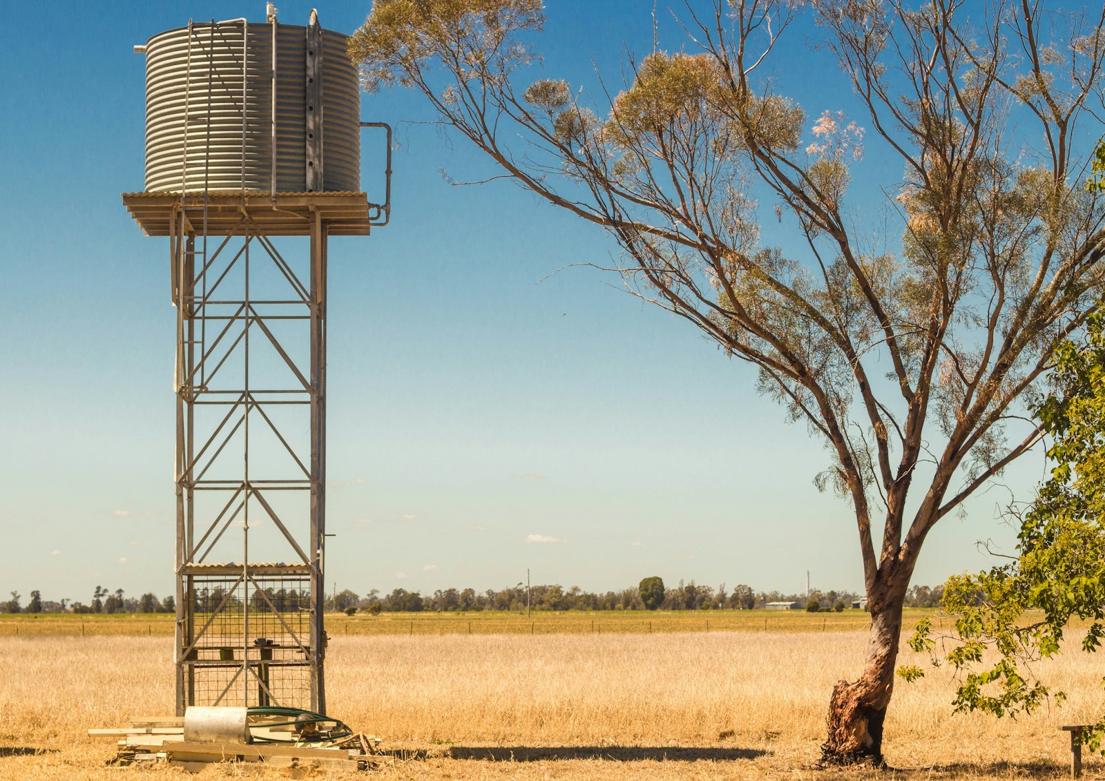 A galvanised water tank on a steel stand in dry open grassland